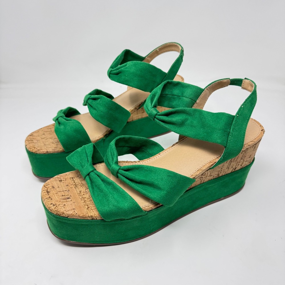 Comfort View Green Faux Suede Triple Bow Cork Platform Wedge Sandals 11W - Picture 3 of 6
